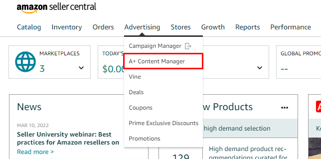  Locate the Advertising tab and click A+ Content Manager from the dropdown.